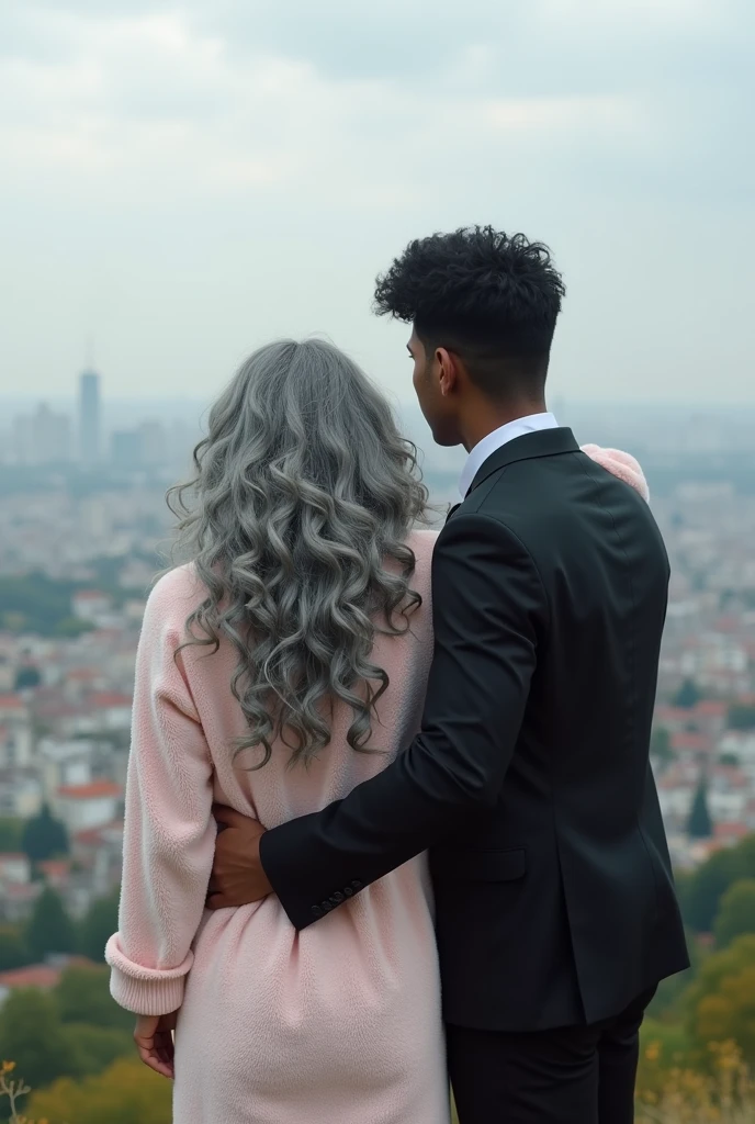 A beautiful youthful looking Hispanic version of a gray haired Selena Gomez as a 50 years old woman with long her completely gray hair in a big curls styles wearing a bathrobe standing on top of a hill overlooking a big city she is overlooking a city with a black haired younger 2 man who looks like Jimmy Donaldson/MrBeast wearing a business suit with short completely black hair he is hugging her