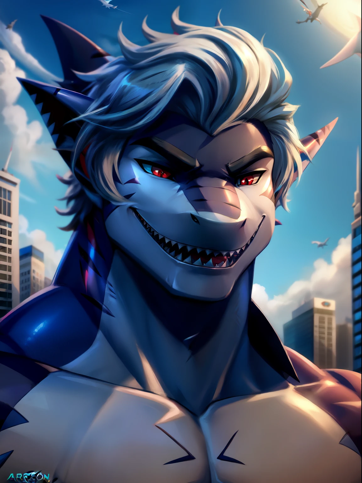 astarion, an anthro male shark, shark boy, red eyes, white shark, smiling, shark teeth, macro in miniscule city