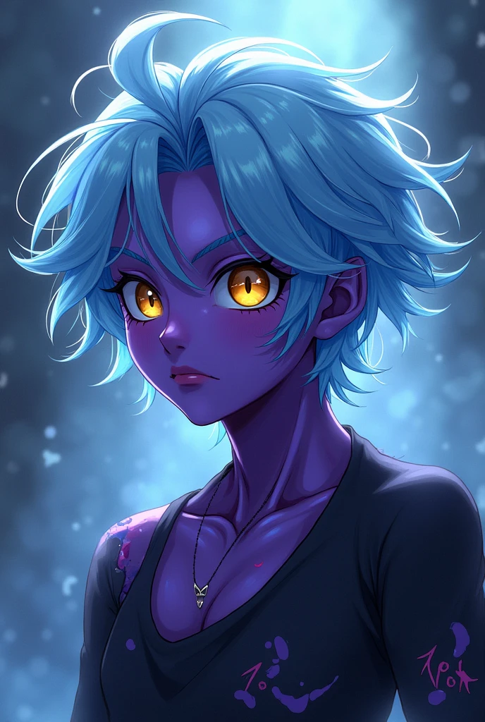 Anime Boy with purple skin, blacked out eyes with yellow pupils, and light blue hair