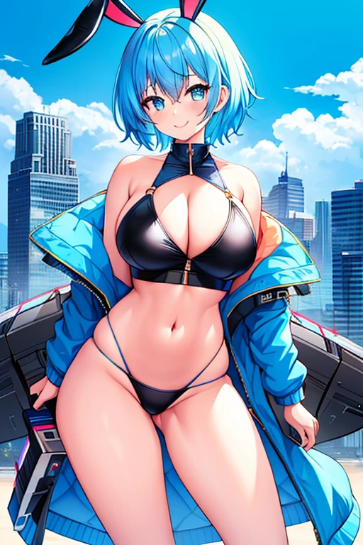 1girl, large breasts, breasts, thick thighs, hourglass figure, toned, smile, light smile, blue hair, light blue hair, blue eyes, very short hair, pixie cut, bikini, black bikini, jacket, black jacket, open jacket, neon trim, neon, neon lights, blue trim, tech, machinery, science-fiction, futuristic, bunny ears, rabbit ears, cropped jacket, ((cropped jacket)), highleg, highleg bikini