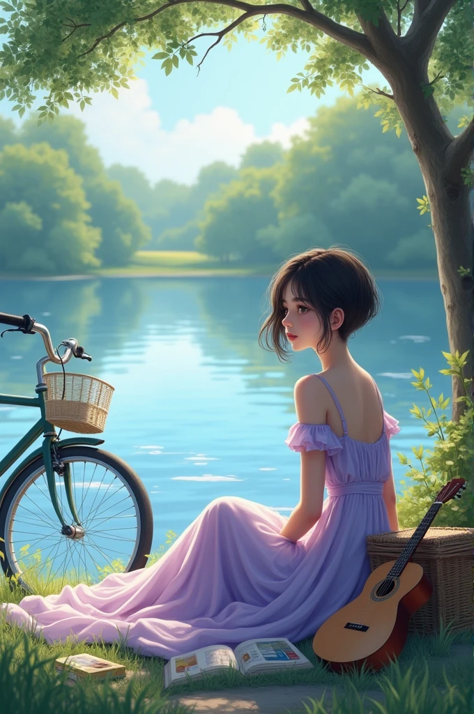 Girl sitting behind the lake pixie haircut dark brown eyes wearing lilac silk gown her bicycle standing by the tree guitar lay besides her with books and picnic basket