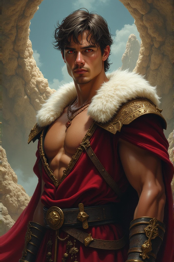 A young man, elegant and tall, with tanned skin and silver-red eyes, wears elegant medieval clothes. His serious expression contrasts with his celestial and bulky surroundings.. Light and shadow highlight its primitive figure. with a muscular build, tall and imposing. strong jaw, marked. Serious and penetrating look. half body image.