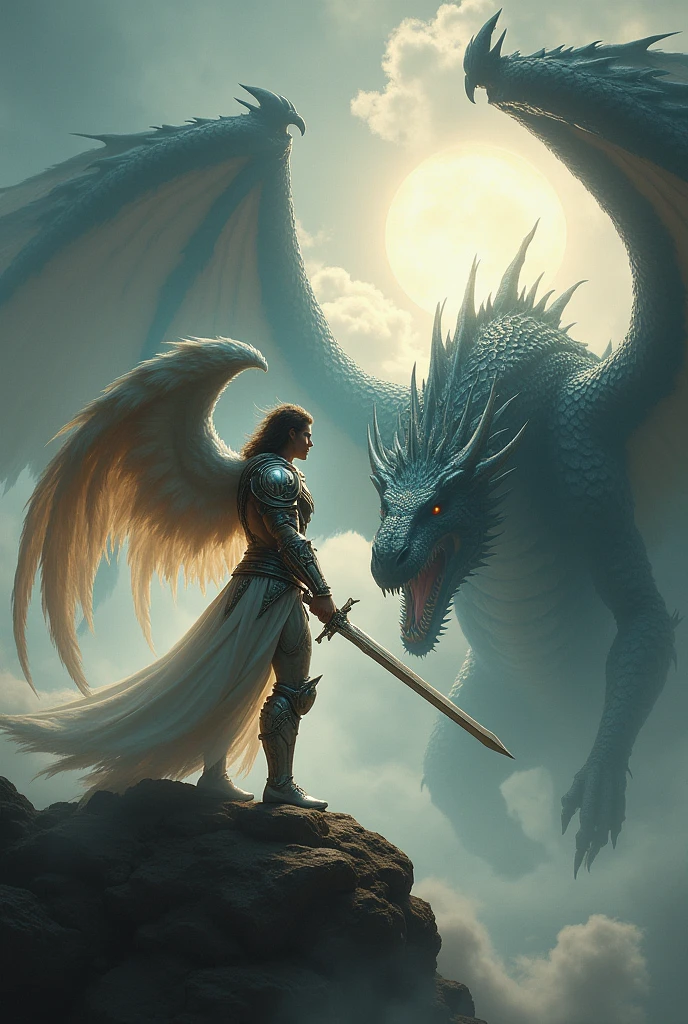 Wallpaper of an image of a warrior angel with big wings, with the sword facing a dragon.

