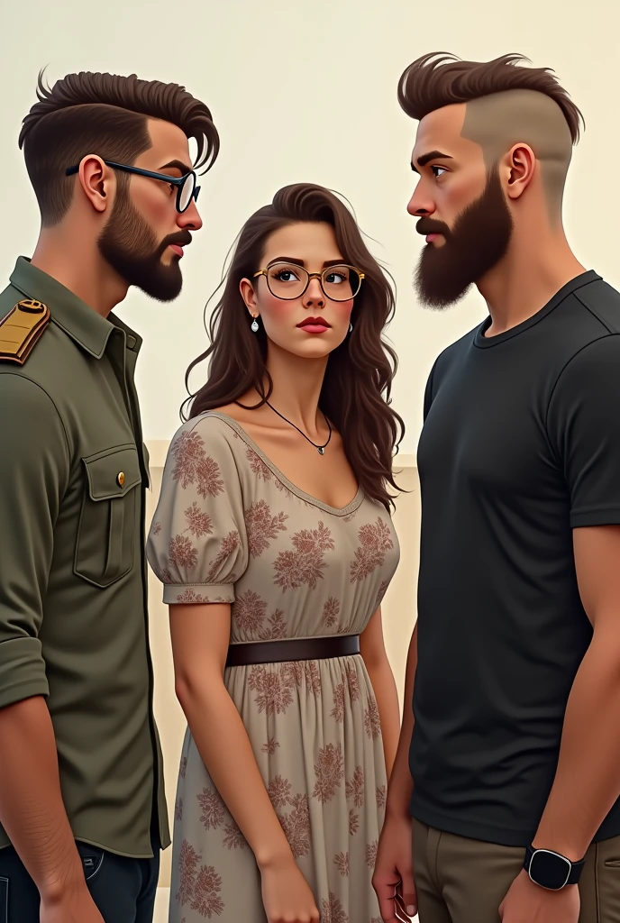 "Create a drawing: 1. A man with short military-style brown hair, a beard, round glasses, and a checkered shirt. 2. A fair-skinned, broad-shouldered woman with long curly brown hair, golden-framed glasses, and a floral dress. 3. A man with a shaved head and receding brown hair, a beard, and a black t-shirt. The three are looking at each other."