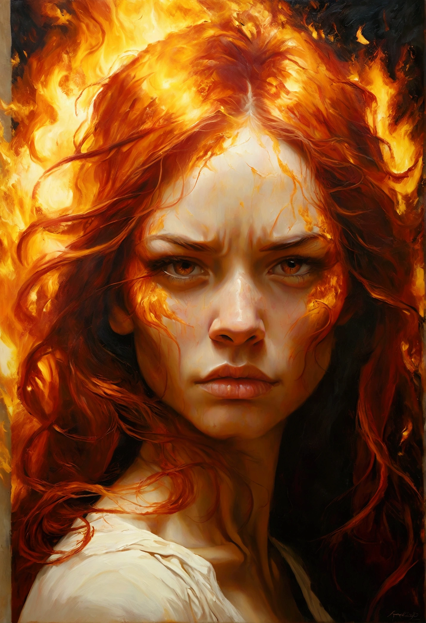 She creates a detailed and expressive painting of a woman representing the element of fire with long red hair in the foreground. The woman should be centred in the image with her head slightly tilted back, her eyes show a great expression of sadness, longing and too much anger with tears rolling down her cheeks, these tears have golden tones on her face; she reflects the intensity of the emotions in her eyes as in Cabanel's portrait of The Fallen Angel. His face should be centred towards the camera. His shoulders should be visible, while the rest of his body remains outside the frame. The background should present the element of fire that he forms with ash-like elements behind his head, composed of an iconic element of solar devastation in dark orange and dark yellow tones as the extinguished flames create an intense and radiant effect against a black background. The background should be powerful, showing her fury and energy, giving a juxtaposition between the expression of the woman's face and the background of chaos. The hair should give a sense of movement and energy like the wind. Use dramatic lighting to highlight the woman's face and hair, creating a strong contrast with the fiery background. The artistic style should focus on intricate details and ethereal elements, ensuring that the overall composition looks divine and otherworldly. Keep the warmth of the colours and fine textures to faithfully reproduce the image provided, allowing the figure to be substituted for another, but retaining the background and overall style. 