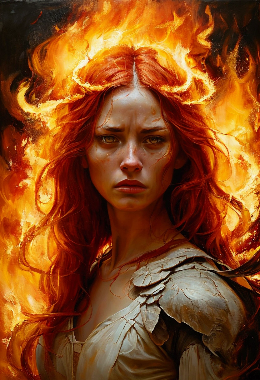 She creates a detailed and expressive painting of a woman representing the element of fire with long red hair in the foreground. The woman should be centred in the image with her head slightly tilted back, her eyes show a great expression of sadness, longing and too much anger with tears rolling down her cheeks, these tears have golden tones on her face; she reflects the intensity of the emotions in her eyes as in Cabanel's portrait of The Fallen Angel. His face should be centred towards the camera. His shoulders should be visible, while the rest of his body remains outside the frame. The background should present the element of fire that he forms with ash-like elements behind his head, composed of an iconic element of solar devastation in dark orange and dark yellow tones as the extinguished flames create an intense and radiant effect against a black background. The background should be powerful, showing her fury and energy, giving a juxtaposition between the expression of the woman's face and the background of chaos. The hair should give a sense of movement and energy like the wind. Use dramatic lighting to highlight the woman's face and hair, creating a strong contrast with the fiery background. The artistic style should focus on intricate details and ethereal elements, ensuring that the overall composition looks divine and otherworldly. Keep the warmth of the colours and fine textures to faithfully reproduce the image provided, allowing the figure to be substituted for another, but retaining the background and overall style. 