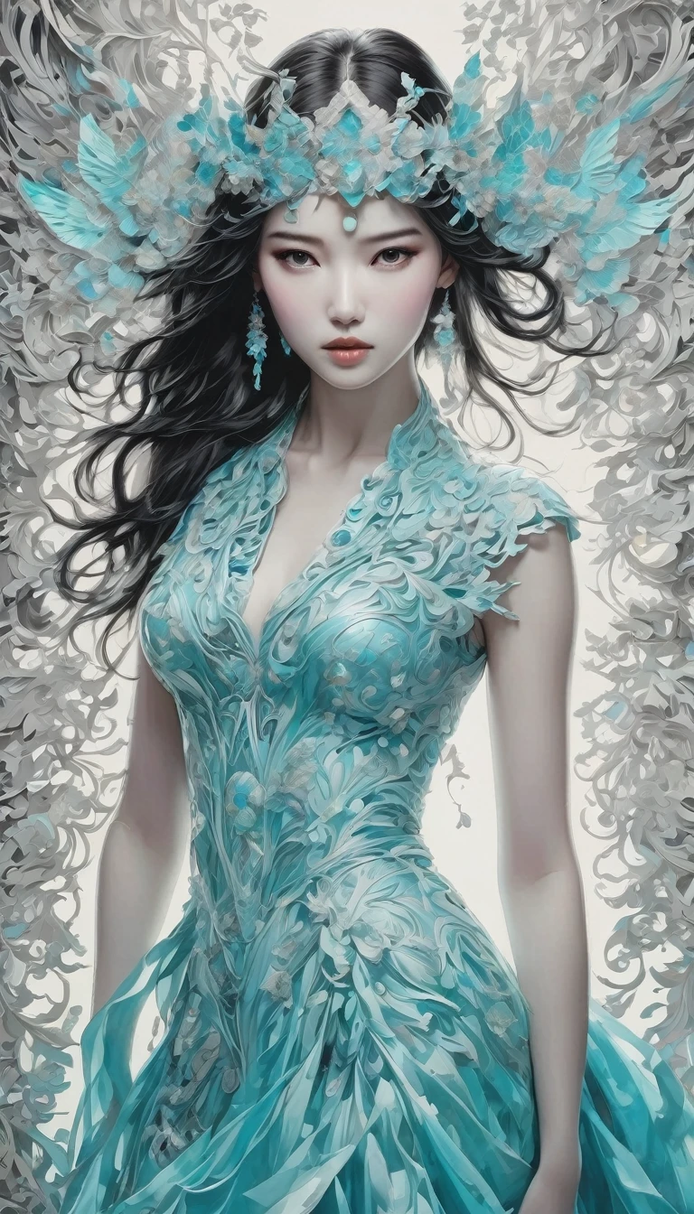 Monochrome Tiffany Blue, PAPERCUT, Highest quality, Super quality, 16K, Incredibly absurd, Very detailed, delicate and dynamic, A fusion of watercolor and oil painting, Mixing monochrome and color, Portrait of a pretty girl, Three-dimensional effect expressed by light and shadow, Eye-catching effect, modern art, A kaleidoscope of colors in the background