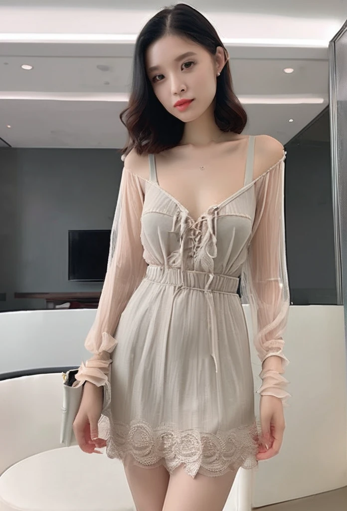 A woman with a beautiful girl々Create a new, whole body, A short sheer dress for、For girls, remove the low-cut see-through blouse and mini skirt., I&#39;m looking forward to both, The boy is kissing her breast, Make it look realistic