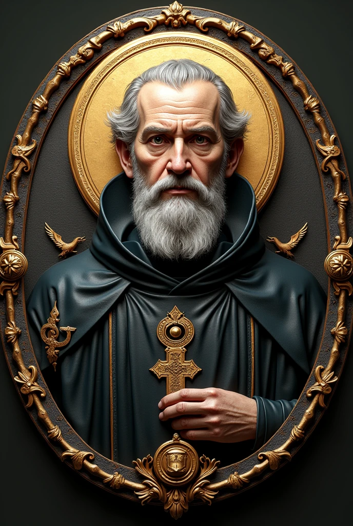 Medallion of Saint Benedict with a small eagle in the background 