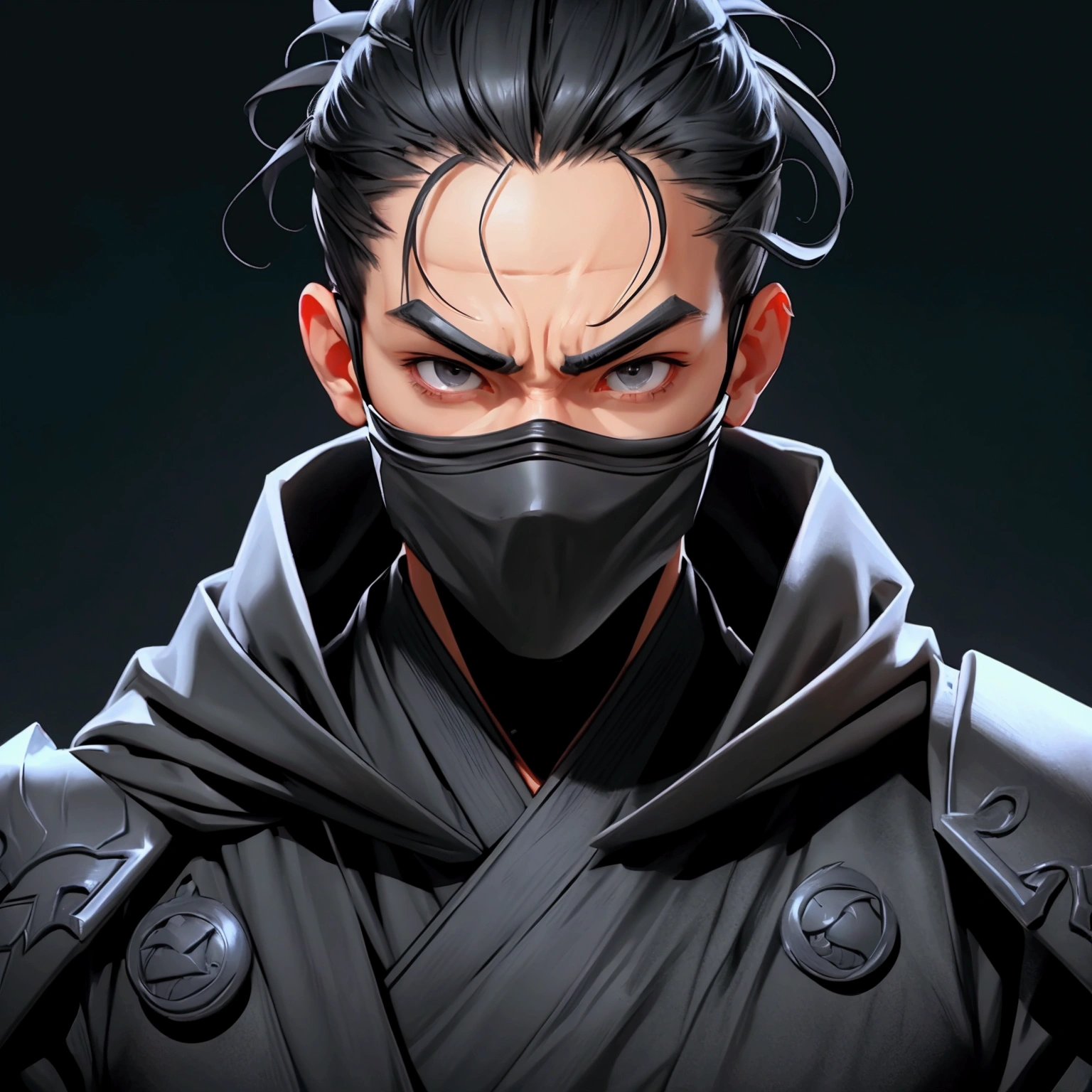 envision a 8k, highres, semi realistic cinematic close up portrait of a fierce strong faced ninja man with a slender muscular body, clean shaved, sleek black hair, and black eyes, ninja robes, ninja armor, mortal kombat ninja face mask, half face mask, against a dark gray background