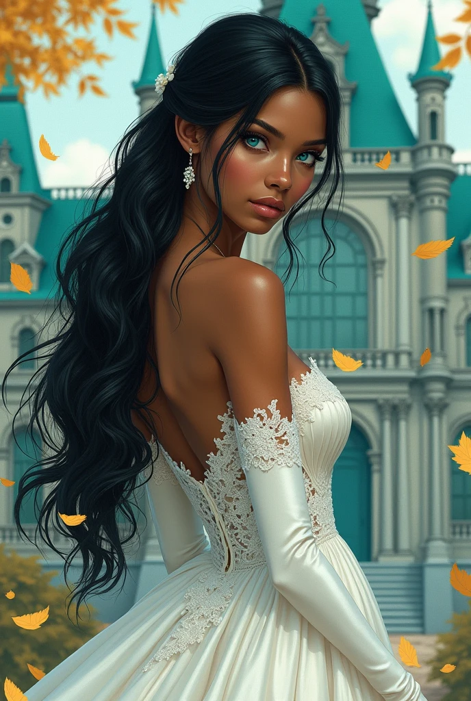 Caramel skin princess, with long black hair and light blue eyes. Her back has black veins popping out on her back, she wears a wedding dress and white silk gloves. She has a scared expression. In the background is a turquoise palace and golden leaves fall from the sky.. Realistic illustration like fairy tales by the Green brothers

