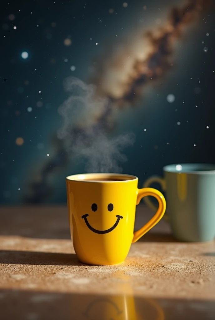 yellow Cup of coffee with a smiley face on it sitting on a table, Coffee and stars background, Liminal space in outer space!!!, Cup of coffee, next to a cup, exploitable image, space dust, Representation, disturbing the coffee doesn't work, Cup of coffee, the milky way express, Space in the background, morning coffee, ad image