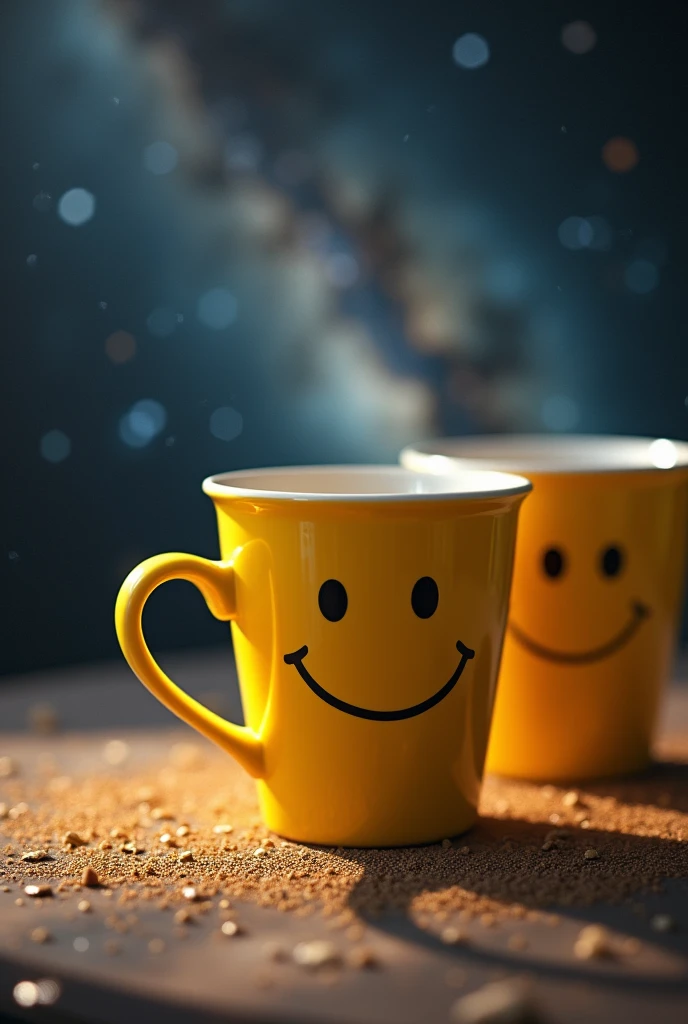 yellow Cup of coffee with a smiley face on it sitting on a table, Coffee and stars background, Liminal space in outer space!!!, Cup of coffee, next to a cup, exploitable image, space dust, Representation, disturbing the coffee doesn&#39;t work, Cup of coffee, the milky way express, Space in the background, morning coffee, ad image
