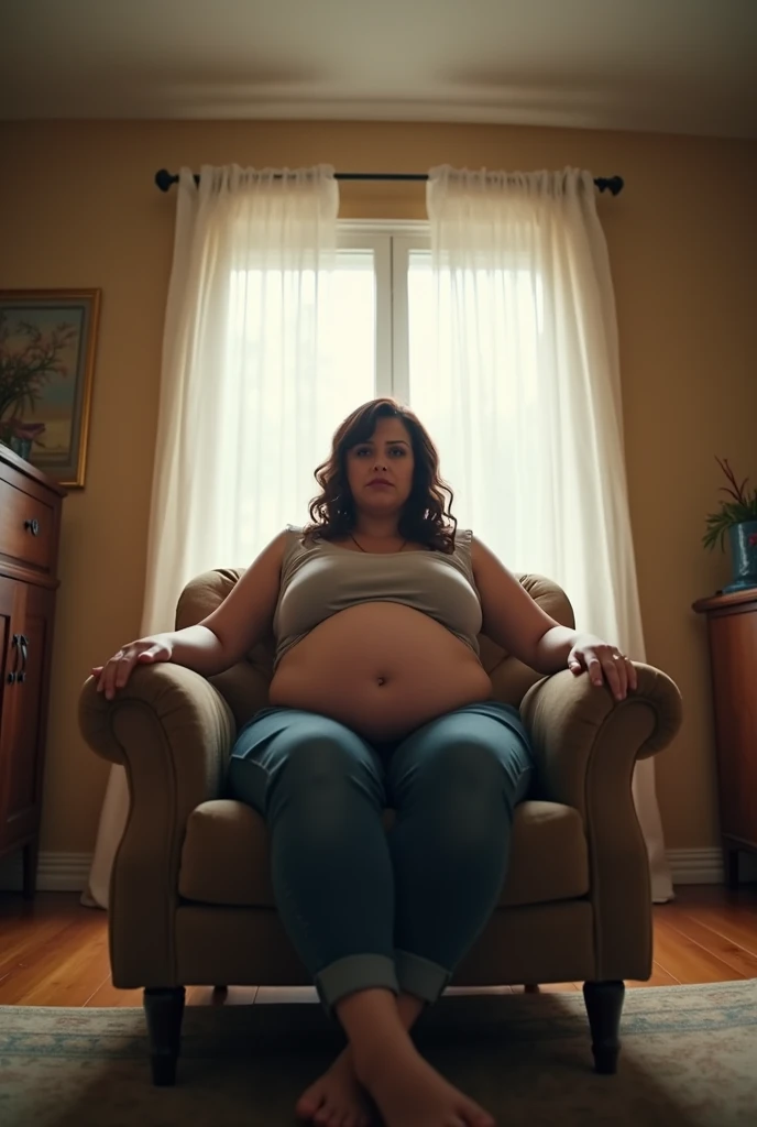 Your POV view from below when your pregnant plus size stepmother sits on a chair at home with a giant and tall posture from the front looking at you during the day.. HD, cinematic, photorealistic, fisheye camera view, iphone camera style