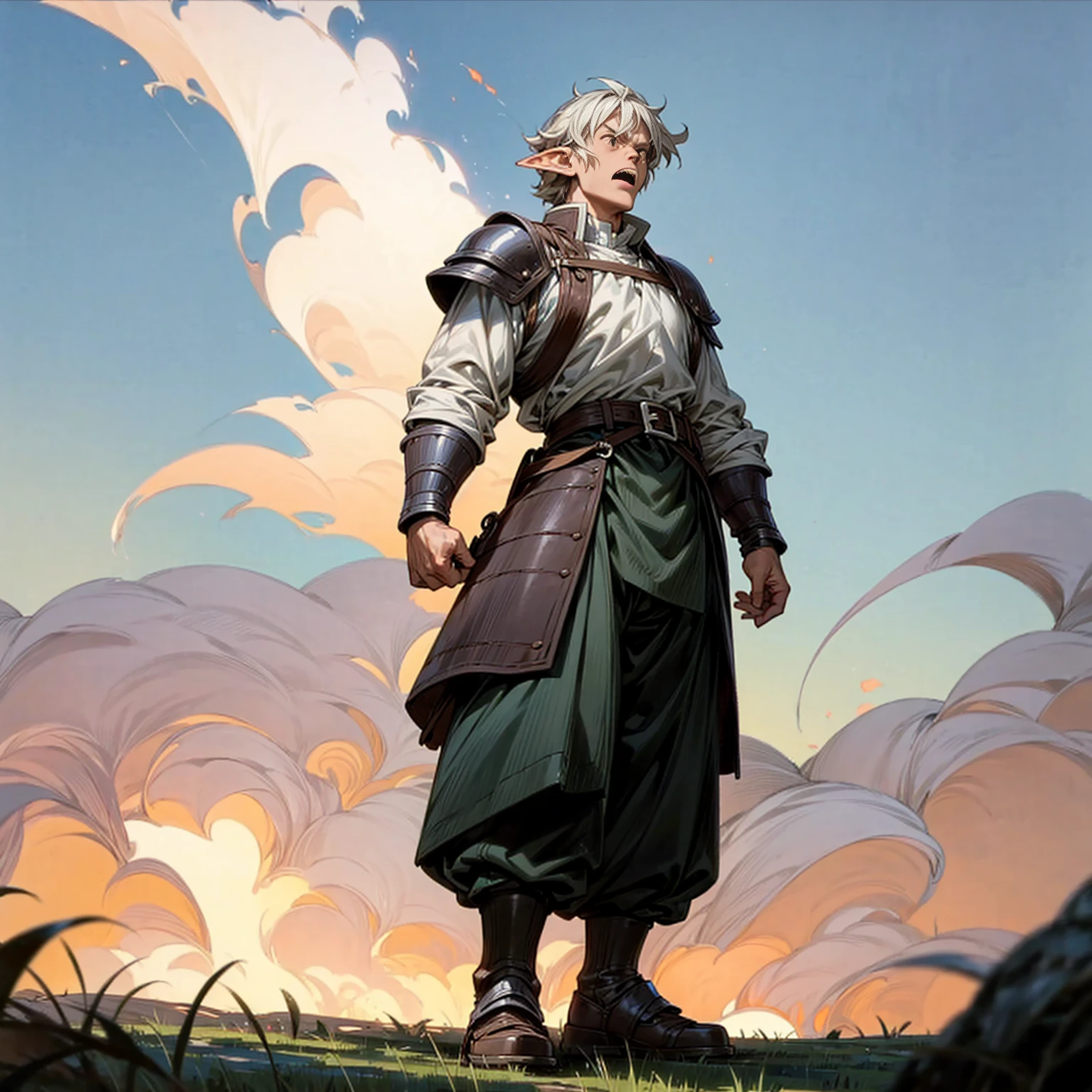 Solo character, full body version, old man, big man, muscle, (elf), brown eyes, white color hair, short Curly hair, white shirt, black long pants, shoes, belt, outdoor, field, Greenland, evening, medieval, standing gesture, detailed background, detailed clothing, detailed hair, (Makoto shinkai style art), thin beard, open mouth, angry, armor, smoke effect, fire effect 