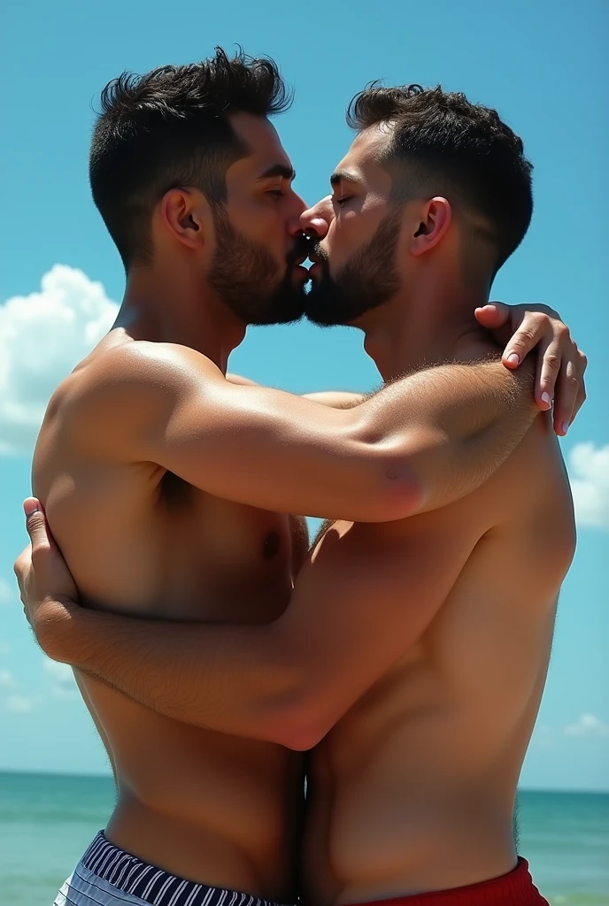 The image is a graphic depiction of two men embracing and kissing each other in a passionate and sensual manner. The scene is set against a blue sky, and the focus is on the intimate act between the two individuals. The men are shown with their bodies pressed close together, with one of them having a large cock in the midst of the embrace. The graphic nature of the image suggests that it may be a form of erotic art or a portrayal of a steamy encounter.