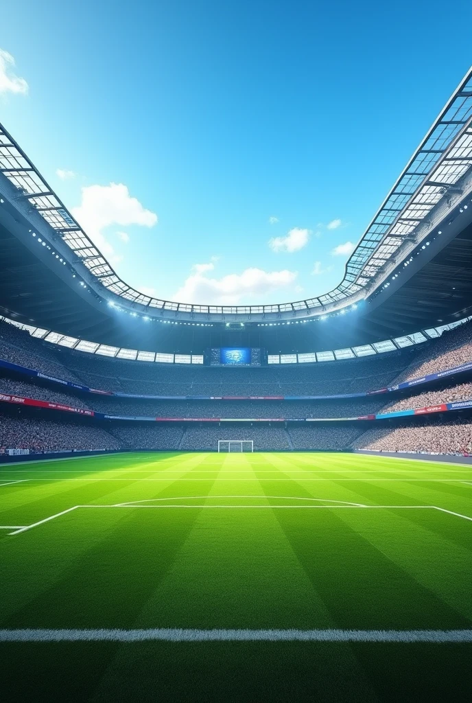 Create an image of a very large football field in a stadium, with beautiful green grass and blue sky.
