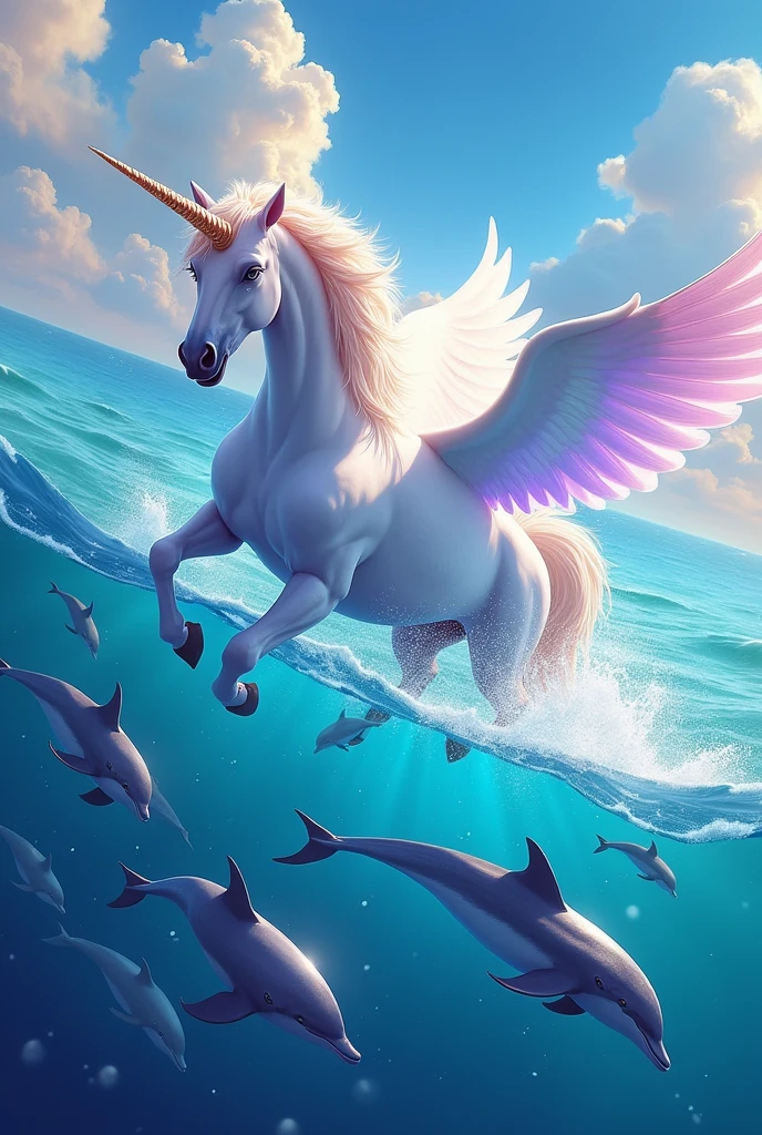 Create a colorful picture of a unicorn flying over the sea with dolphins 