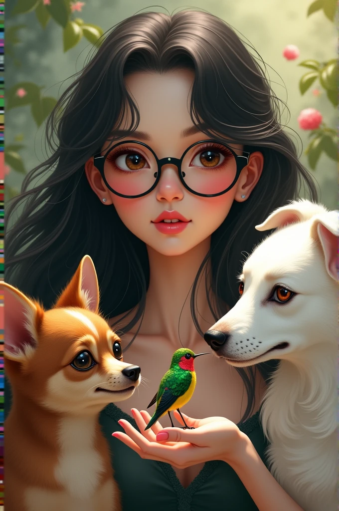 Beautiful lady with long black hair and round glasses, accompanied by a furry chihuahua dog, a white dog with a black spot on its eye, and a hummingbird in the young lady's hand