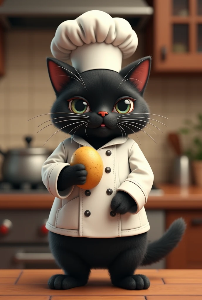 Black cat in a chef's suit with a stuffed potato in his hands