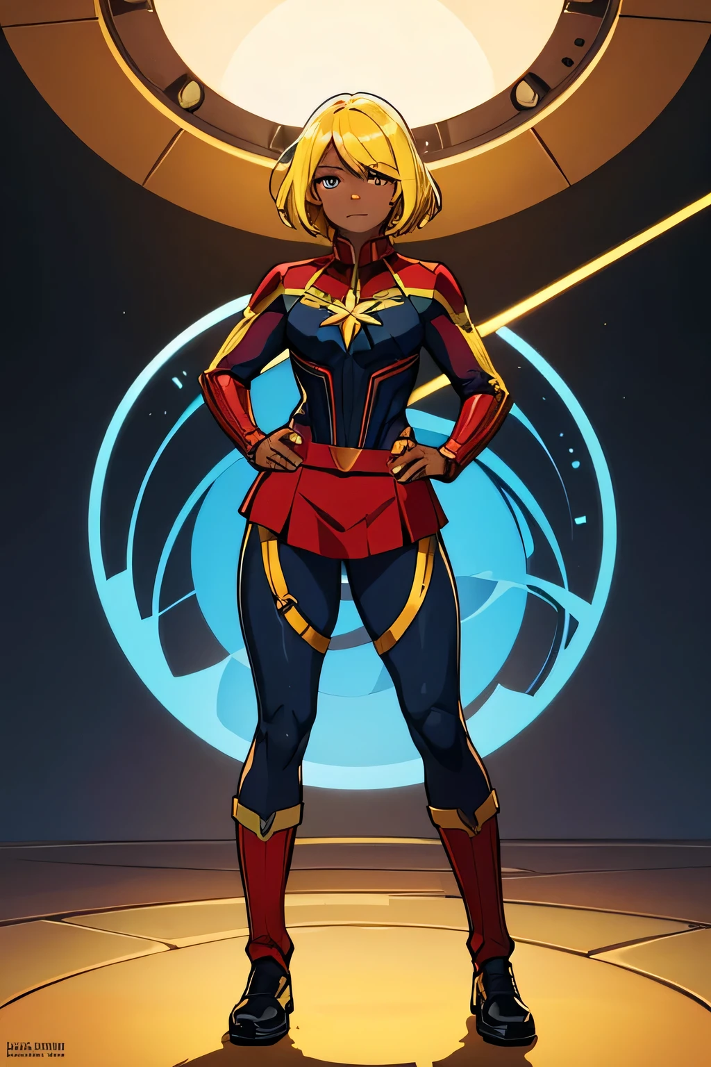 Captain marvel, dark-skinned_female,  full body,  perfect eye  , trending on artstation,  native girl,  yellow hair, 