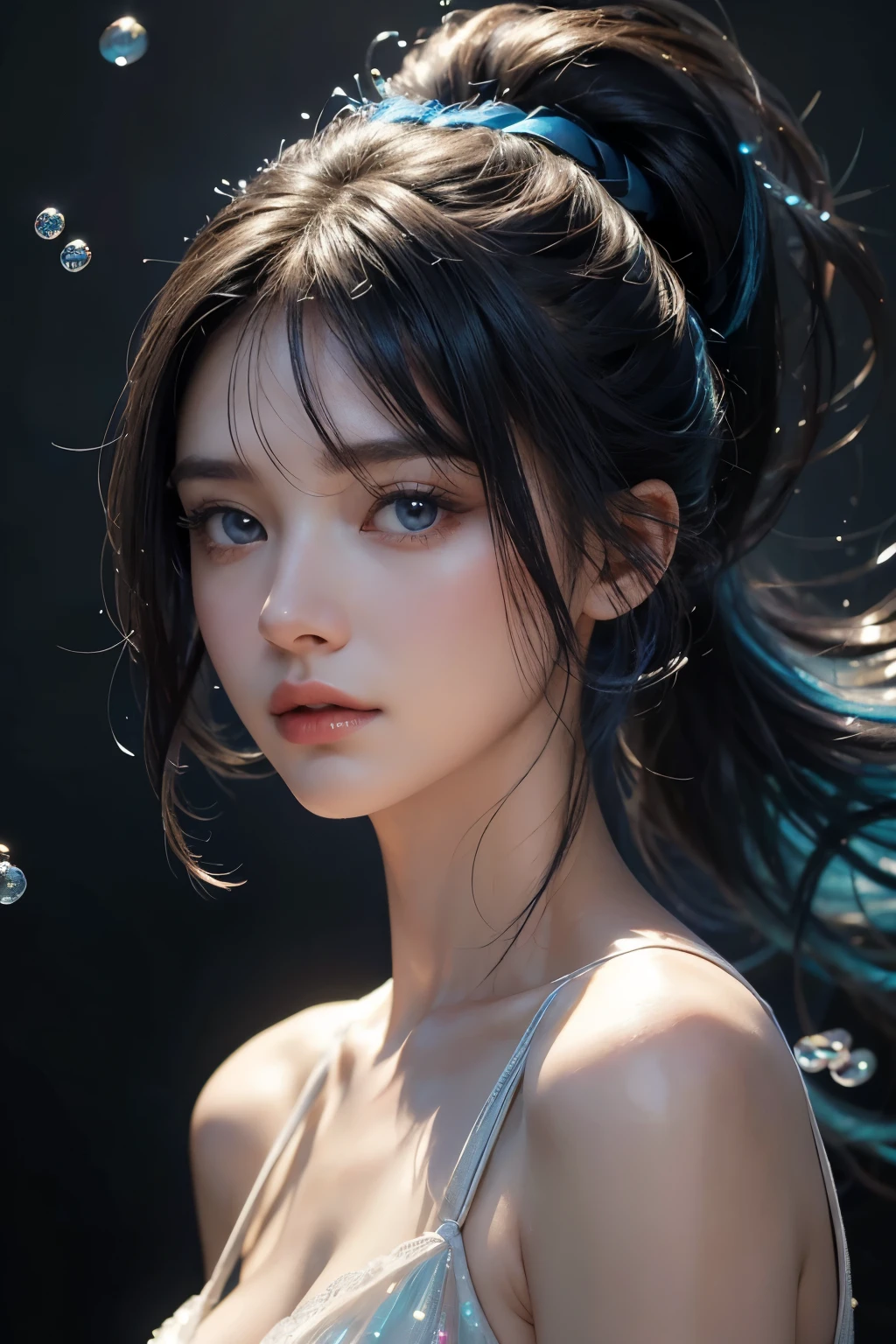 elegant long dark hair, beautiful detailed eyes, beautiful detailed lips, extremely detailed face and features, fashionable blue hair with bangs, ponytail hairstyle, cleavage, floating in colorful bubble effects, colorful splash effect, shining, high saturation, best quality, best detail, masterpiece, illustration, one girl, standing fashion model, simple background, focus on face, beautiful lighting and shadows