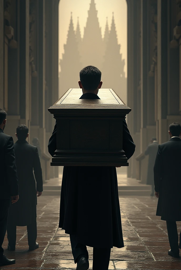 Man with a coffin in his arms outside a church observing its immensity but facing the church, not with his back turned, and waiting for the doors to be opened to him