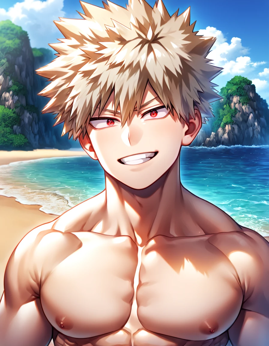 absurdres, highres, ultra detailed, HDR, master piece, best quality, extremely detailed, Bakugou Katsuki, ash-blonde hair, expressive red eyes, Boku No Hero Academia, solo, sexy man, handsome, handsome smile, sensual, manly man, bare chest, horny, island, sea, beach