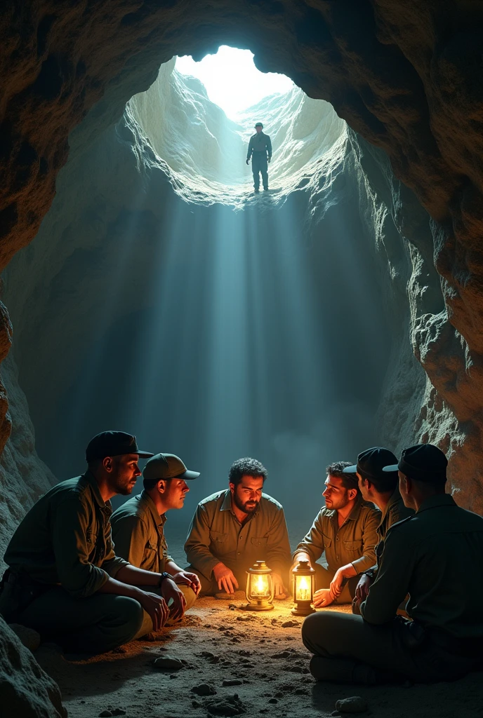 Fidel Castro and a group of men holding a meeting inside a cave, and a soldier searching at the top of the cave