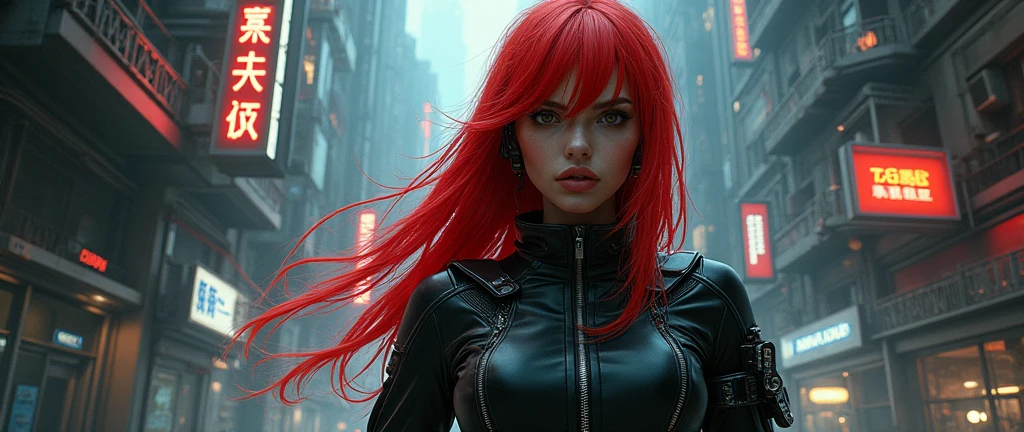 a woman with long red hair, futuristic cyberpunk outfit, (dimly lit urban environment:1.3), (detailed face:1.2), high detail, sharp, 8k, bokeh, sketch, dark atmosphere, neon lights, moody lighting, dystopian cityscape, intricate details, dynamic pose, futuristic technology, gritty urban setting
