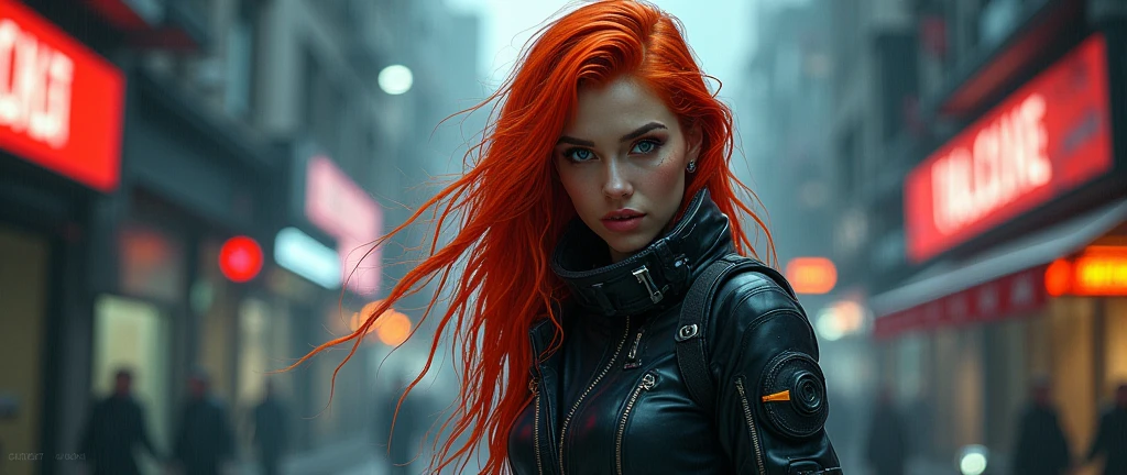 a woman with long red hair, futuristic cyberpunk outfit, (dimly lit urban environment:1.3), (detailed face:1.2), high detail, sharp, 8k, bokeh, sketch, dark atmosphere, neon lights, moody lighting, dystopian cityscape, intricate details, dynamic pose, futuristic technology, gritty urban setting