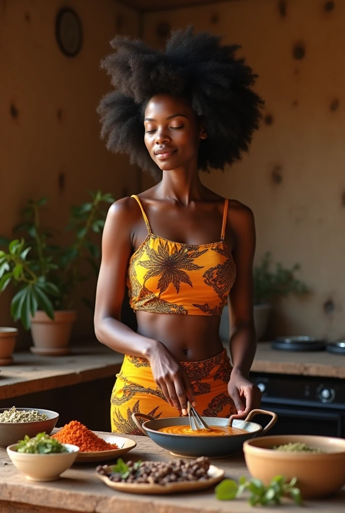 Generate an image of an African modern black woman skinny in afro cooking in a village kitchen