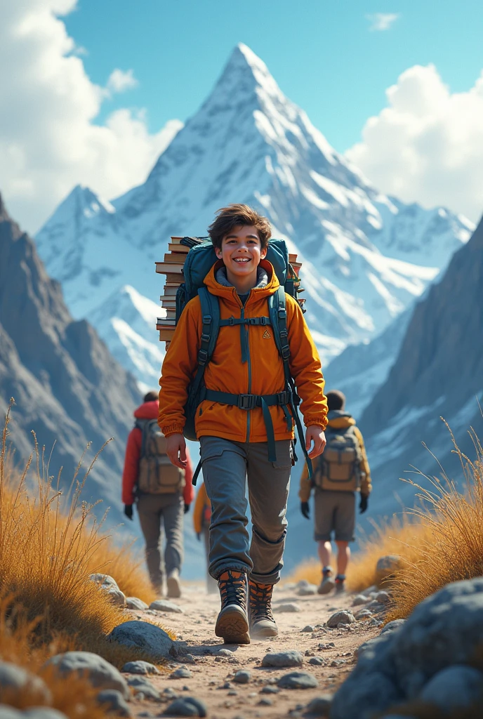 generates an image where a young man arrives with more people to climb mountains while in his backpack there are books while he smiles
