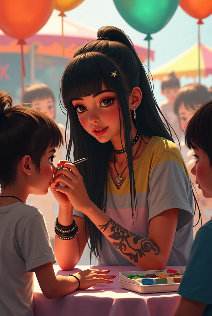 a young woman with long dark hair, with short straight bangs, She has a nose ring and lots of tattoos. She is sitting on a chair wearing a multi-colored t-shirt and has a box of paints and brushes next to her.. The woman is painting on the cheek of one of the children sitting in front of her, She is staring at the brush and paint. It&#39;s a festive atmosphere, There are balloons and the children wait their turn