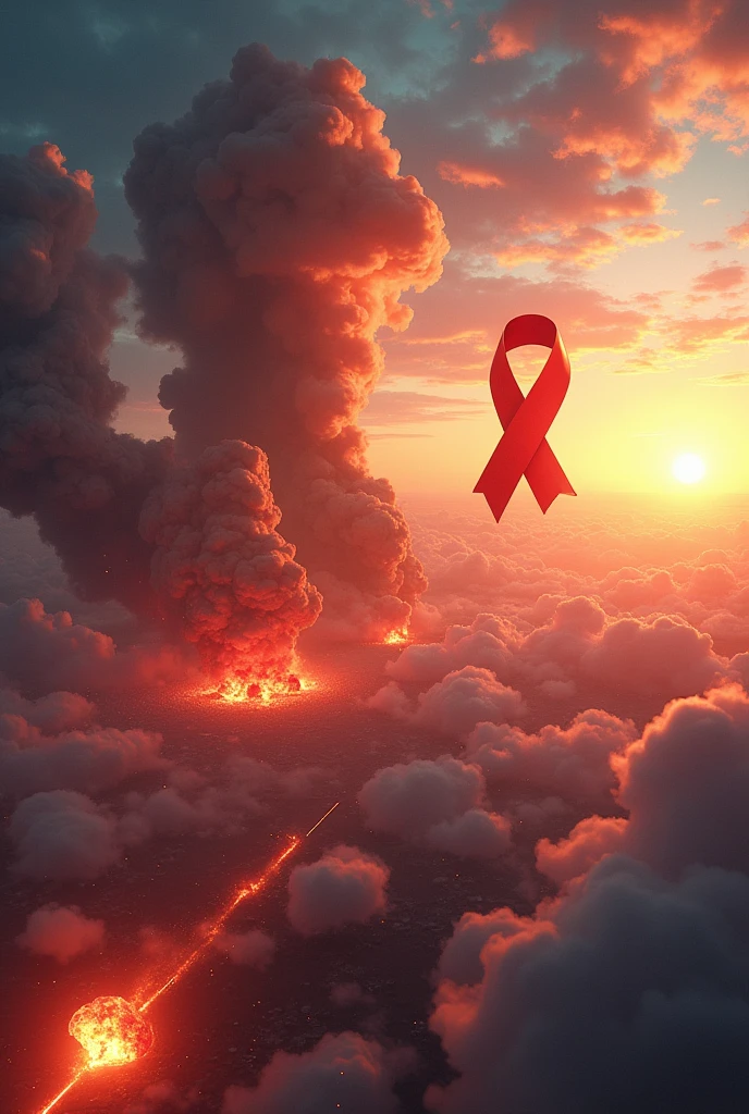 Wonder Woman scenario without the character in the photo, taking the sky and a little bit of earth, field of battle, explosions in the sky and fiery bullets tearing through the air, the freedom ribbon on the right side of the image is very bright, image with reddish tones