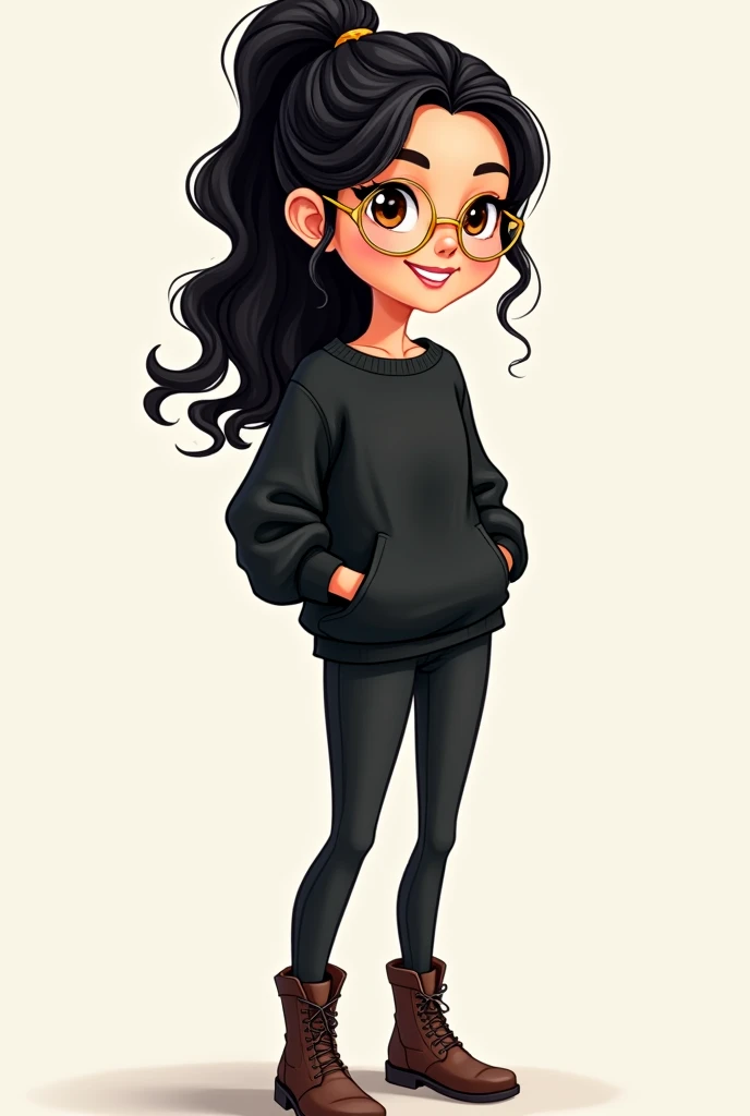 Cartoon drawing of a woman with a ponytail, black hair, brown eyes, and gold glasses, black pants, black sweatshirt, and leather boots.
