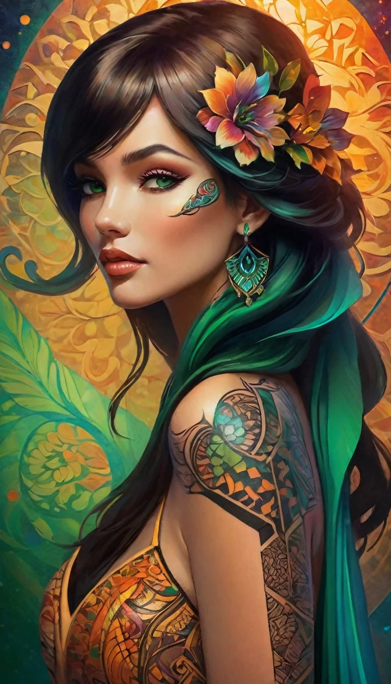 "Design a stunning tattoo on a 2 woman, with an iridescent effect that captivates the eye. The tattoo should incorporate complex geometric shapes, with intricate patterns that blend seamlessly. Use vibrant shades of green in bright lines contrasted with bold black elements , creating depth and dimension Tattoos should elegantly adorn one side of the face and neck, enhancing your natural beauty.

Surrounding you is a blurred colorful background that evokes an ethereal nighttime atmosphere, with soft tones that blend together to create a dreamlike quality. The woman is dressed in a flowing evening gown, adding a touch of elegance to the overall composition. Highlight the interaction between the tattoo and the costume, emphasizing the harmony of colors and shapes. Capture the spirit of youth and creativity by making this piece striking and memorable."