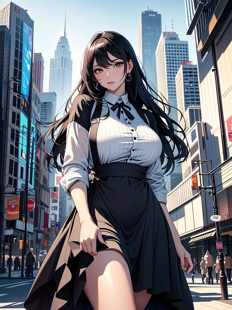 Giant Woman、(Masterpiece、Ultra-high resolution、Detailed expression、Beautiful depiction、8k、Highest quality、Artwork:1.2)、whole body、Beautifully detailed face、Over the city、A towering presence、Black Hair、Married Woman、apron、Troubled face、skyscraper