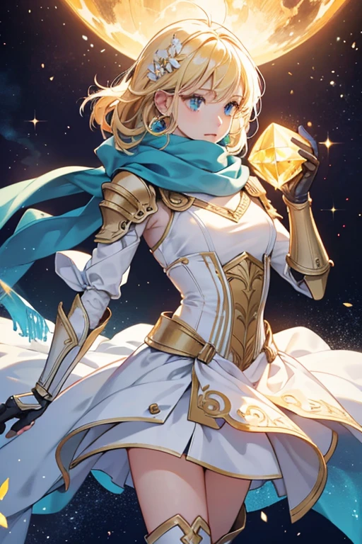 blond hair . While wearing Rising Star, when the Traveler's Elemental Burst is ready, various parts of her outfit will glow the way other characters' non-Vision gems glow along with her Visions. these parts are her chest plate, the wrist joints of his gauntlets, arrow shaped areas on her kneecap guards, two diamonds attached one to each half of her cape, two accents in her shoulder guard and two orbs, one hanging off the end of her scarf, the other in her earring. On Lumine, the glowing parts are her chest plate, the wrist joints of her gauntlets, the diamond at the top of each of her boots, an oval on her waist at the back of her dress, the diamond at the end of each tail on her scarf, and the stem in each Inteyvat flower in her hair. These parts change color based on the element (or lack thereof) with which the player's Traveler is currently resonating. SPARKLE; GLITTER