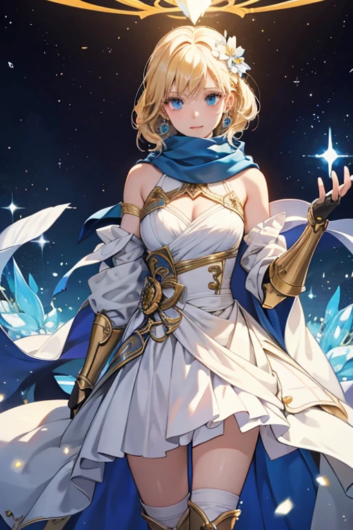 blond hair . While wearing Rising Star, when the Traveler's Elemental Burst is ready, various parts of her outfit will glow the way other characters' non-Vision gems glow along with her Visions. these parts are her chest plate, the wrist joints of his gauntlets, arrow shaped areas on her kneecap guards, two diamonds attached one to each half of her cape, two accents in her shoulder guard and two orbs, one hanging off the end of her scarf, the other in her earring. On Lumine, the glowing parts are her chest plate, the wrist joints of her gauntlets, the diamond at the top of each of her boots, an oval on her waist at the back of her dress, the diamond at the end of each tail on her scarf, and the stem in each Inteyvat flower in her hair. These parts change color based on the element (or lack thereof) with which the player's Traveler is currently resonating. SPARKLE; GLITTER
