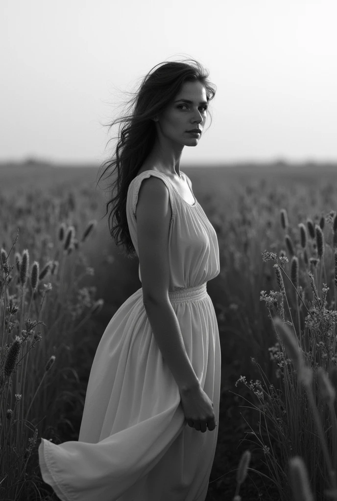 (Monochrome:1.3), Black and White Photography, a woman wearing a skirt standing in a field, inspired by Katia Chausheva, by Katia Chausheva, inspired by Irakli Nadar, by Anna Boch, by Russell Drysdale, by Pablo Rey, by Lucía Peka, by Antoni Pitxot, by Giuseppe Camuncoli