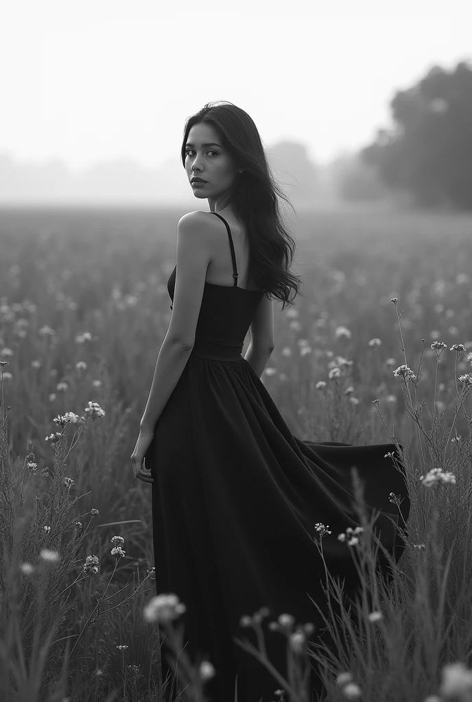 (Monochrome:1.3), Black and White Photography, a woman wearing a skirt standing in a field, inspired by Katia Chausheva, by Katia Chausheva, inspired by Irakli Nadar, by Anna Boch, by Russell Drysdale, by Pablo Rey, by Lucía Peka, by Antoni Pitxot, by Giuseppe Camuncoli