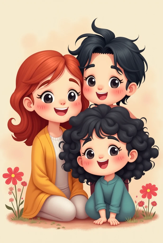 Help me create a WhatsApp profile picture with three kawaii characters.
mother: Adult woman 43 years old redhead Sara: Adult woman 2 curly black hair Diego: man with Kurt Cobain's black hair