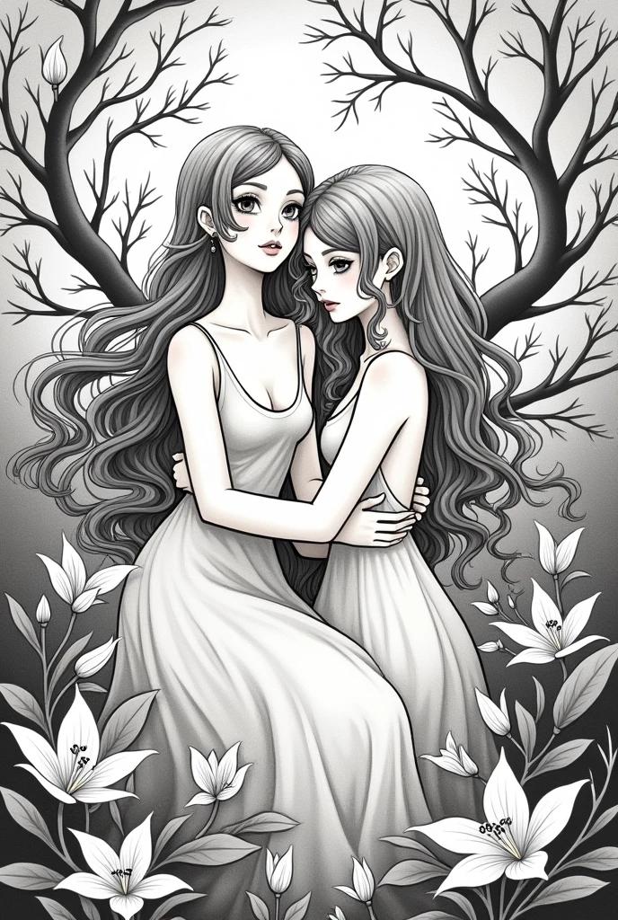 Monochrome manga art style illustration, elegant figures gracefully entwined with flowing vines and floral motifs, intricate linework capturing the essence of Art Nouveau aesthetics, stylized characters with oversized expressive eyes and dynamic poses, soft wisps of hair cascading like tendrils of ivy, delicate patterns spiraling around forms creating a harmonic composition, positioned centrally within the frame, intricate detailing showcasing lush leaves and flowers, light and shadow interplay enriching depth, atmospheric ambiance evoking serenity and beauty, background fading into subtle gradients enhancing focus on main subjects, heightened expressive emotions conveyed through  features, dynamic framing with exaggerated perspectives dancing across the page, subtle ink texture adding to the tactile quality, drawn in sharp black ink on crisp white paper, manga techniques applied with precision, emphasizing flowing lines and elegant forms, harmonious balance of detail and simplicity that invites viewers to explore the artwork deeper, capturing the romanticism of Nature while weaving in the artistic flair of manga storytelling