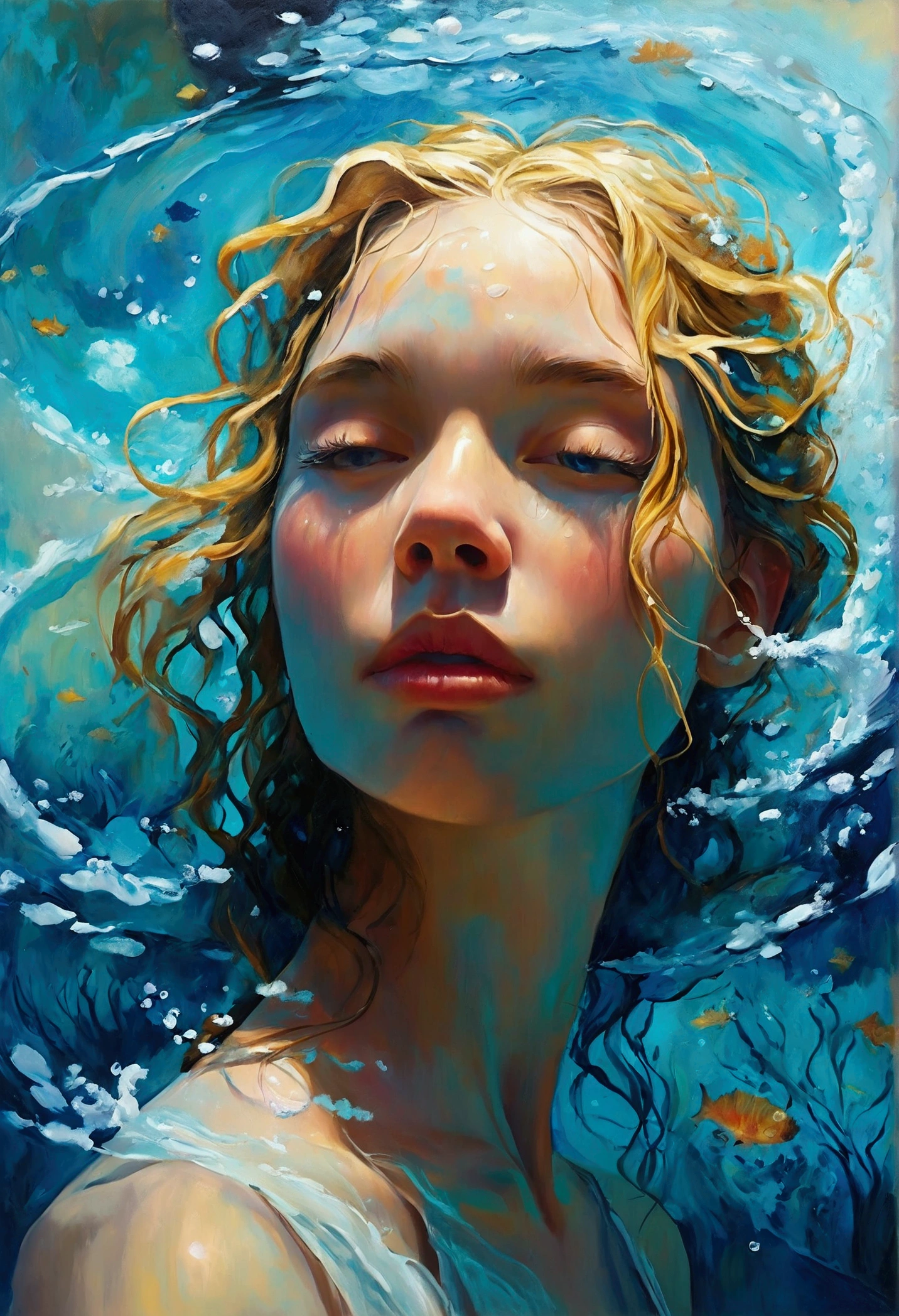 Create a detailed and expressive painting of a woman with long blonde hair in the foreground, representing the element of water. She should be centred in the painting, with her head slightly tilted back and her expression completely serene. Her shoulders should be visible, framing her face, while the rest of her body is outside the frame. The background should represent a watery halo around her head, composed of vibrant shades of turquoise and dark blue. This halo should create a serene, flowing effect, blending harmoniously with the woman's hair to convey movement and lightness. Include elements characteristic of water, whether flora or fauna. Use soft lighting to highlight the contours of her face and the texture of her hair, creating a subtle contrast with the aquatic background. Add details such as fish, sea life or marine flora. The artistic style should focus on intricate details and ethereal elements, ensuring a composition that feels divine and evocative of the aquatic element. Keep the tones cool and the textures fine to accurately capture the essence of the aquatic element.