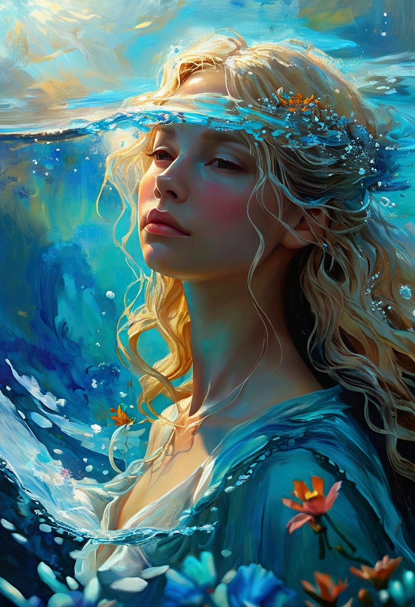 Create a detailed and expressive painting of a woman with long blonde hair in the foreground, representing the element of water. She should be centred in the painting, with her head slightly tilted back and her expression completely serene. Her shoulders should be visible, framing her face, while the rest of her body is outside the frame. The background should represent a watery halo around her head, composed of vibrant shades of turquoise and dark blue. This halo should create a serene, flowing effect, blending harmoniously with the woman's hair to convey movement and lightness. Include elements characteristic of water, whether flora or fauna. Use soft lighting to highlight the contours of her face and the texture of her hair, creating a subtle contrast with the aquatic background. Add details such as fish, sea life or marine flora. The artistic style should focus on intricate details and ethereal elements, ensuring a composition that feels divine and evocative of the aquatic element. Keep the tones cool and the textures fine to accurately capture the essence of the aquatic element.