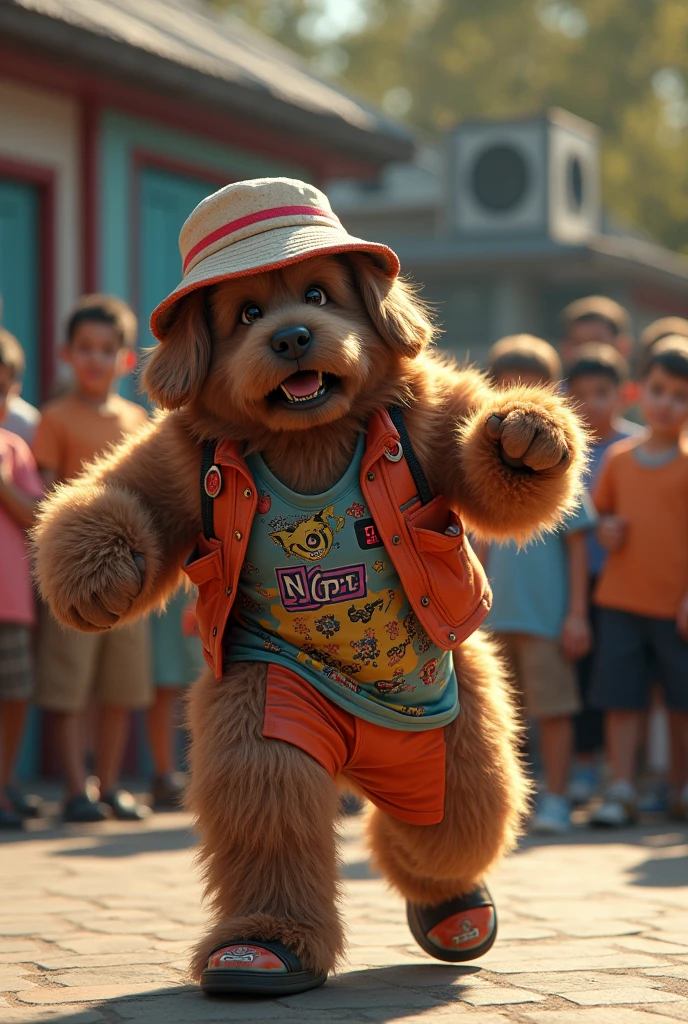 hyper-realistic photo of a Tibetan Mastiff wearing Life Djs clothing and a bucket hat breakdancing in front of a crowd of children in a circle with a stereo in the corner