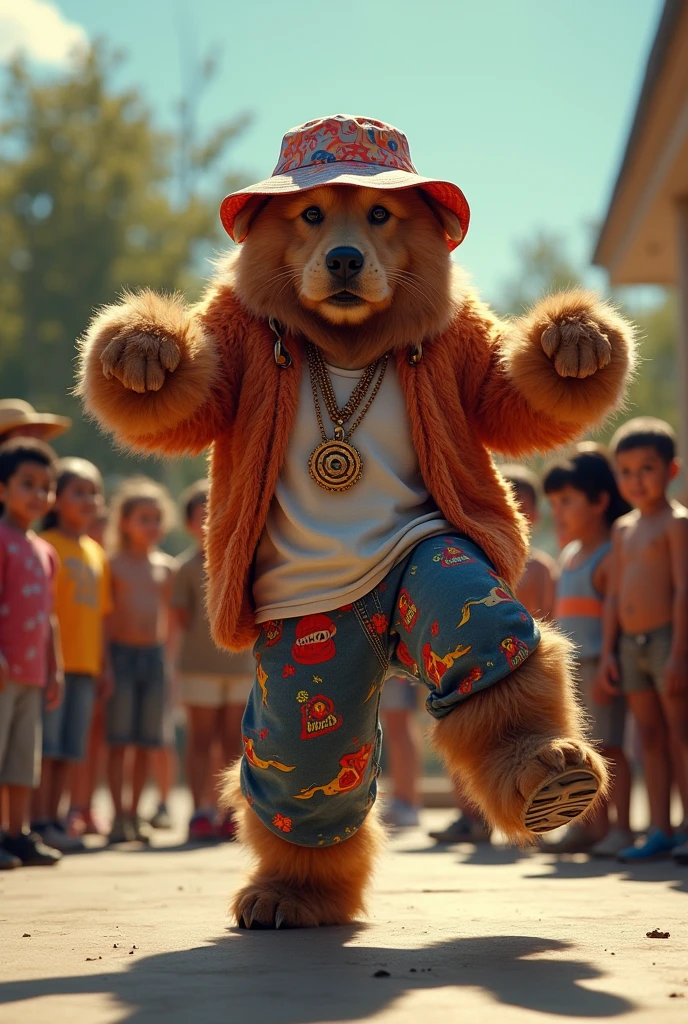 hyper-realistic photo of a Tibetan Mastiff wearing Life Djs clothing and a bucket hat breakdancing in front of a crowd of children in a circle with a stereo in the corner