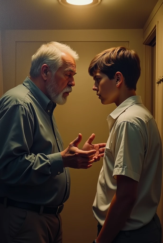 realistic oil painting, middle-aged man scolding young adult son, son looks guilty, father's expression stern, son's expression remorseful, indoor home setting, bright overhead lights on, son's eyes downcast, father gesturing with hands, photorealistic, highly detailed, cinematic lighting, warm color palette, dramatic shadows, emotional scene, (best quality,8k,highres,masterpiece:1.2),ultra-detailed,(realistic,photorealistic,photo-realistic:1.37),dramatic lighting,cinematic composition,emotional realism
