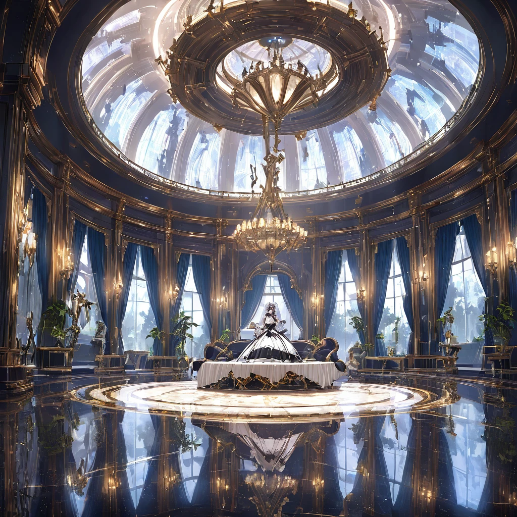 Illustration of a futuristic and luxurious environment in the 22nd century. The scene should show an extremely large and opulent mansion, with modern design and extravagant details. The interior of the mansion must be lush, with sophisticated decor and visible advanced technology.
En el centro de la imagen, highlight an important figure: the head maid of the mansion. She must be an elegant and dominant woman, with imposing appearance and striking features. Describe her as a woman of average height, with long and sophisticated hair, and a maid uniform that matches the mansion's futuristic aesthetic.
The head maid must have an authoritative expression, reflecting her supervisory position. The scene should also include several other maids in the background., each with a unique and attractive appearance. Maids may include monstergirls, aliens, and supernatural beings. They must be involved in different tasks, showing the hierarchy and specialization at work.
For the appearance of the maids, provide details like height, body type, Hair color, Clothing Style, and any special features (like animal ears or tails). Each maid must have a distinct look that reflects her species and role in the mansion..
The environment must be detailed, with luxurious furniture, sophisticated lighting and integrated futuristic technology. The mansion should convey a sense of wealth and extravagance, reinforced by the dedicated and eager behavior of the maids, who are always seeking the pleasure and approval of {{user}}.